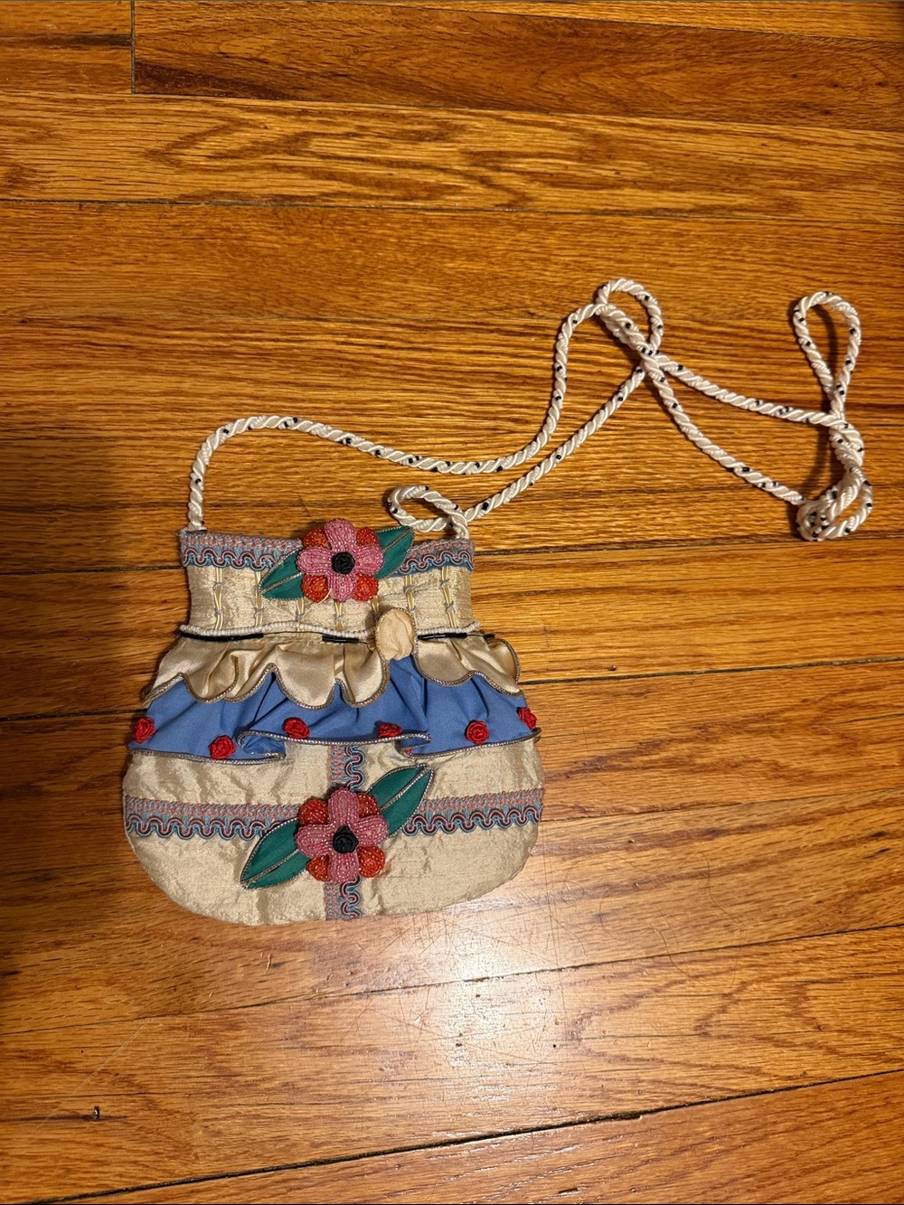 Mary Frances Floral Drawstring  Bag - Blue and Cream